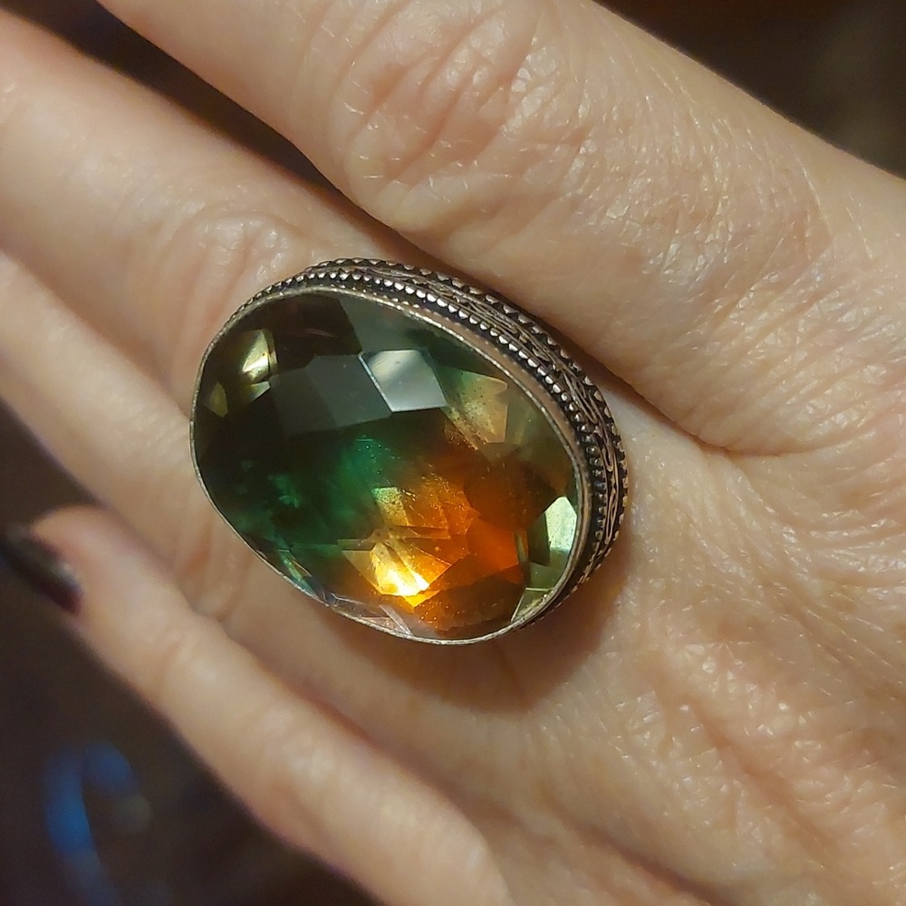Sterling silver chunky 2-tone tourmaline ring sz 9